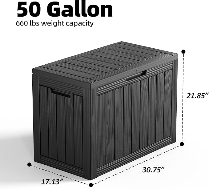 50 GallonOutdoor Storage Box,Resin Deck Boxes Waterproof, IndoorOutdoor Bin for Package Delivery, Patio Cushions, Gardening Tools, Lockable, UV Resistant