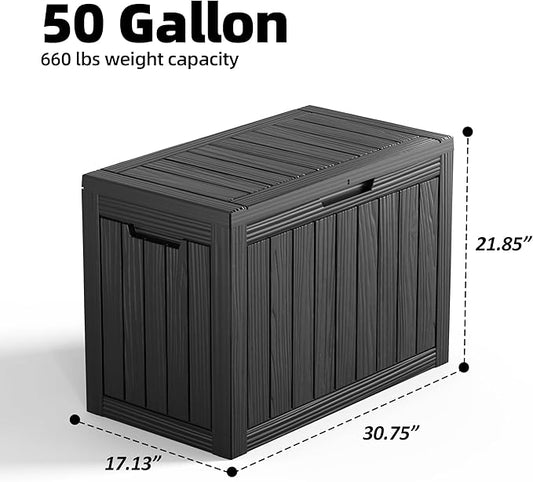 50 GallonOutdoor Storage Box,Resin Deck Boxes Waterproof, IndoorOutdoor Bin for Package Delivery, Patio Cushions, Gardening Tools, Lockable, UV Resistant