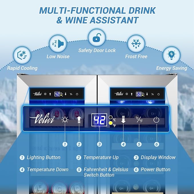 Velivi Wine and Beverage Refrigerator Under Counter, 24 Inch Beverage Fridge Dual Zone with Glass Door, Built In Beverage Cooler with Increase Capacity Space, Advanced Cooling System