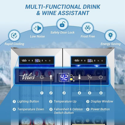 Velivi Wine and Beverage Refrigerator Under Counter, 24 Inch Beverage Fridge Dual Zone with Glass Door, Built In Beverage Cooler with Increase Capacity Space, Advanced Cooling System