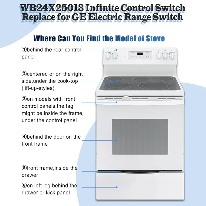 WB24X25013 Electric Range Infinite Control Switch Replace for GE, WB24X25013 Surface Element Control Switch, for 191d4774p005,Ap5999509,4464832,PS11729102,Suitable for GE Appliances