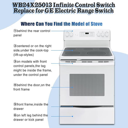 WB24X25013 Electric Range Infinite Control Switch Replace for GE, WB24X25013 Surface Element Control Switch, for 191d4774p005,Ap5999509,4464832,PS11729102,Suitable for GE Appliances