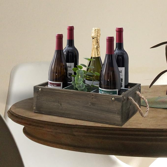 MyGift Rustic Solid Wood and Galvanized Multipurpose Organizer Caddy with 6 Metal Partition Divided Slots and Rope Handles, Vintage Style Wine Bottle Crate Storage Gift Box