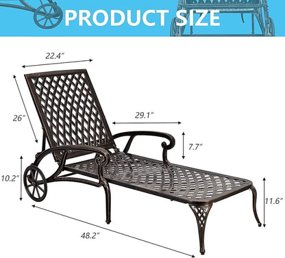 KEIKI Chaise Lounge Chair Outdoor Set of 2, Aluminium Cast Patio Chaise Lounge with Adjustable Backrest and Moveable Wheels, 3 Pieces Outside Tanning Chair, Brown and Brown (Side Table Not Included)