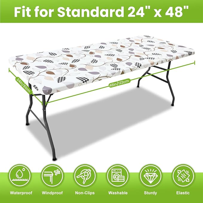 Smiry Spandex Fitted Tablecloth for 4 Foot Rectangle Tables, Washable Picnic Table Cover with Elastic, Stretch Reusable Table Cloth for Outdoor, Camping, Dining & Kitchen (Leaves, 24"x48")