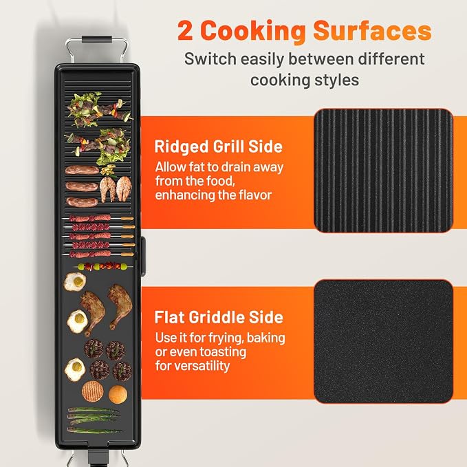 LDAILY 39.5’’ Extra Large Nonstick Electric Griddle, Teppanyaki Grill BBQ W/ 4 Adjustable Temperature, Even Heating & Handles, Long Table Top Pancake Griddle Grill for Indoor & Outdoor Party, Camping