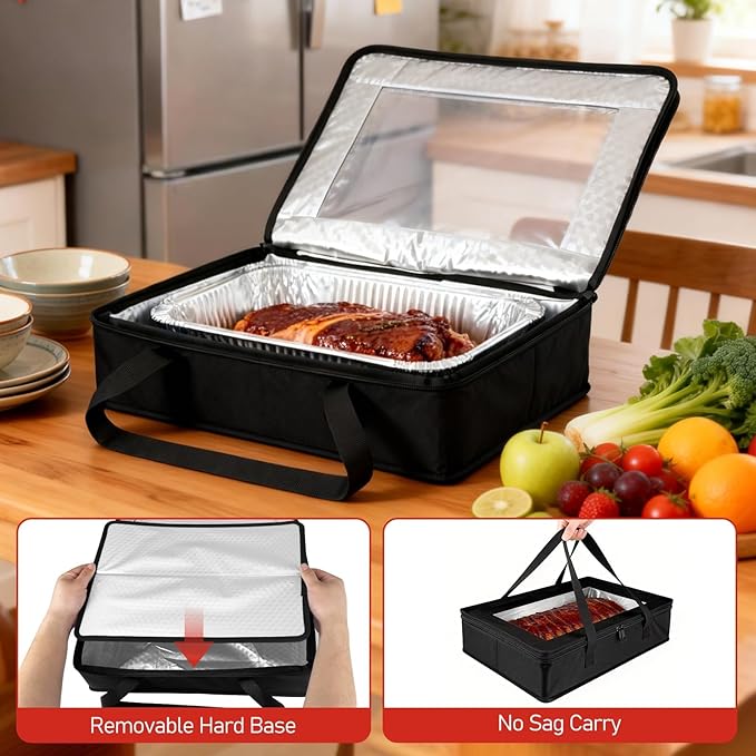 BANGIE BBQ Blankt for Resting Meat & 9x13 Foil Pan Carrier - Leakproof Insulated Casserole Transport Bag with Visual Window, Rigid Hard Bottom-Birthday Father's Day Grilling Gifts for Men, Dad, Black