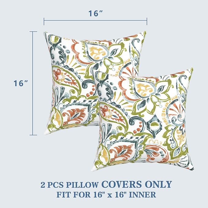 LVTXIII 2 Pack Outdoor Throw Pillow Covers for Patio Furniture, 16x16 Inch Square Pillow Case, Water-Repellent Cushion Covers for Garden, Porch, Sofa, Paisley Botanical