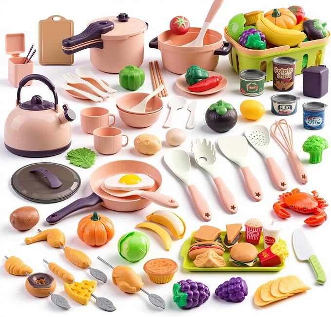 120Pcs Mini Play Kitchen Accessories, Kids Pretend Cooking Playset with Desserts, Cuttable Veggies & BBQ & Storage Basket, Educational Role-Play Gift for Toddlers, Child, Pink