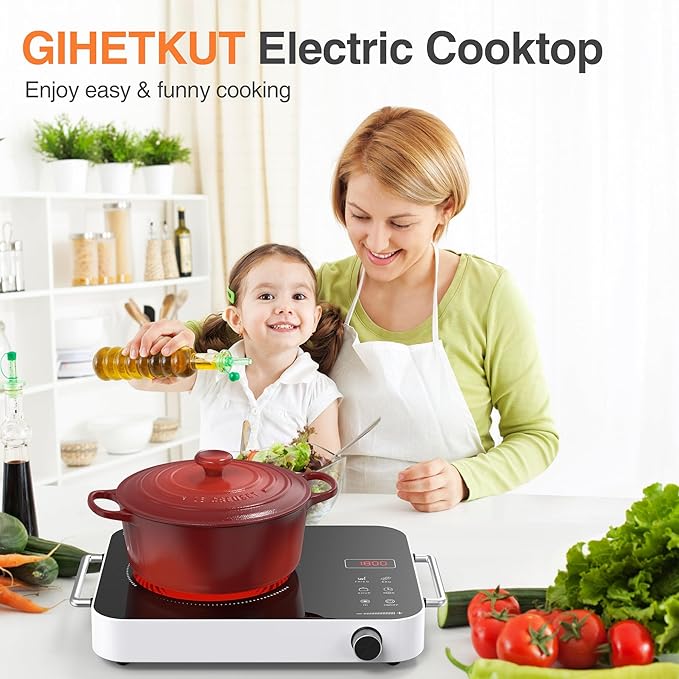 GIHETKUT Single Burner Electric Cooktop,1800W 110V Electric Stove Top with Knob Control, Portable Cooktop with 2 Handle,single burner electric stove with Double Ring Heating, 4 hours Timer