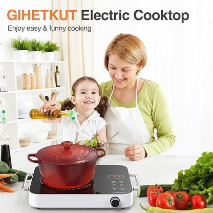 GIHETKUT Single Burner Electric Cooktop,1800W 110V Electric Stove Top with Knob Control, Portable Cooktop with 2 Handle,single burner electric stove with Double Ring Heating, 4 hours Timer