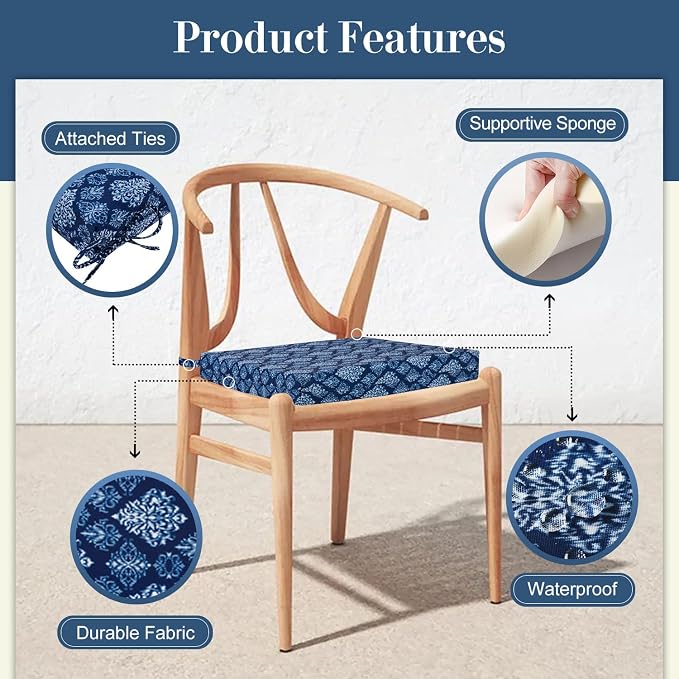 Cozyide Outdoor Chair Cushions, Waterproof Patio Seat Cushions with Adjustable Straps, Square Corner Patio Chair Cushions for Garden, Indigo Badge, 18.5x16x3 Inch (Pack of 4)