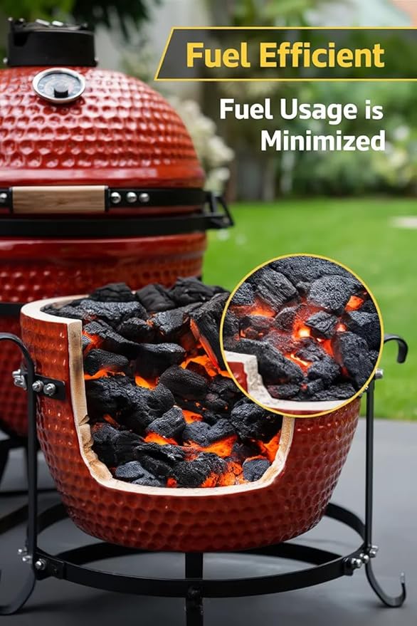 13-in W Kamado Grill with Built-in Thermometer, Oval Grill with Cast Iron Grates, Bamboo handle, Portable Ceramic Grills with Low Stand for Backyard, Patio, Deck grilling, Red
