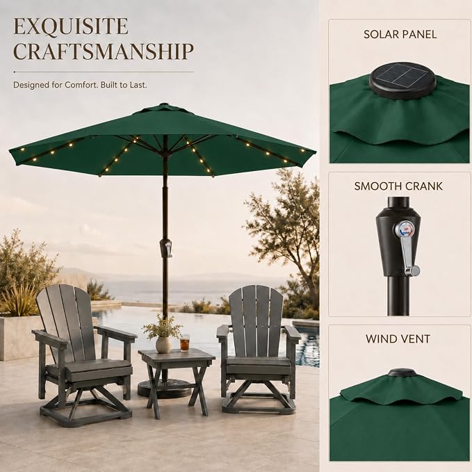 11FT Solar Lighted Patio Umbrella, Outdoor Table Market Umbrellas with Crank Lift, 32 LED Lights, 8 Sturdy Ribs, UV-Resistant for Deck, Garden, Pool