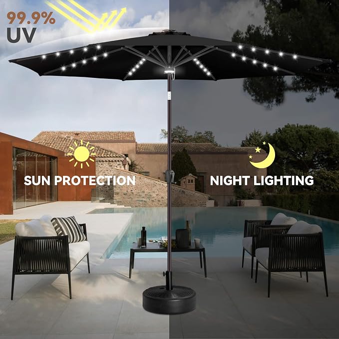 Solar Patio Umbrella Outdoor with Centre Light, 11 ft Black | 40 LED Lights, UV Protection, Solar Outdoor Umbrella for Porch, Deck, Pool, Table, Garden, Provides Evening Lighting