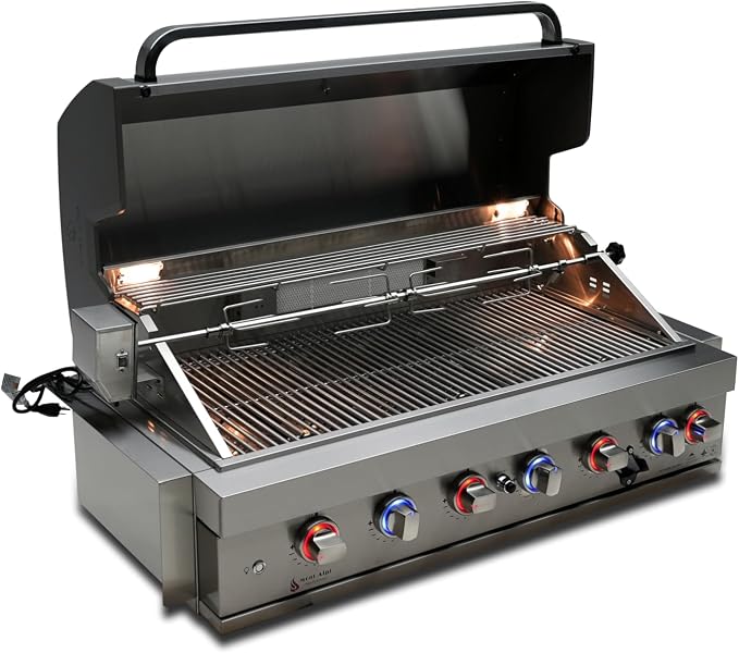 Mont Alpi Stainless Steel Outdoor Kitchen Island 44"W 6-Burner Built-in BBQ Grill Head with Accessories - Flat Top Griddle Hot Plate + Pizza Kit with Cutter & Stone + Spatulas + Tongs + Cleaning Brush