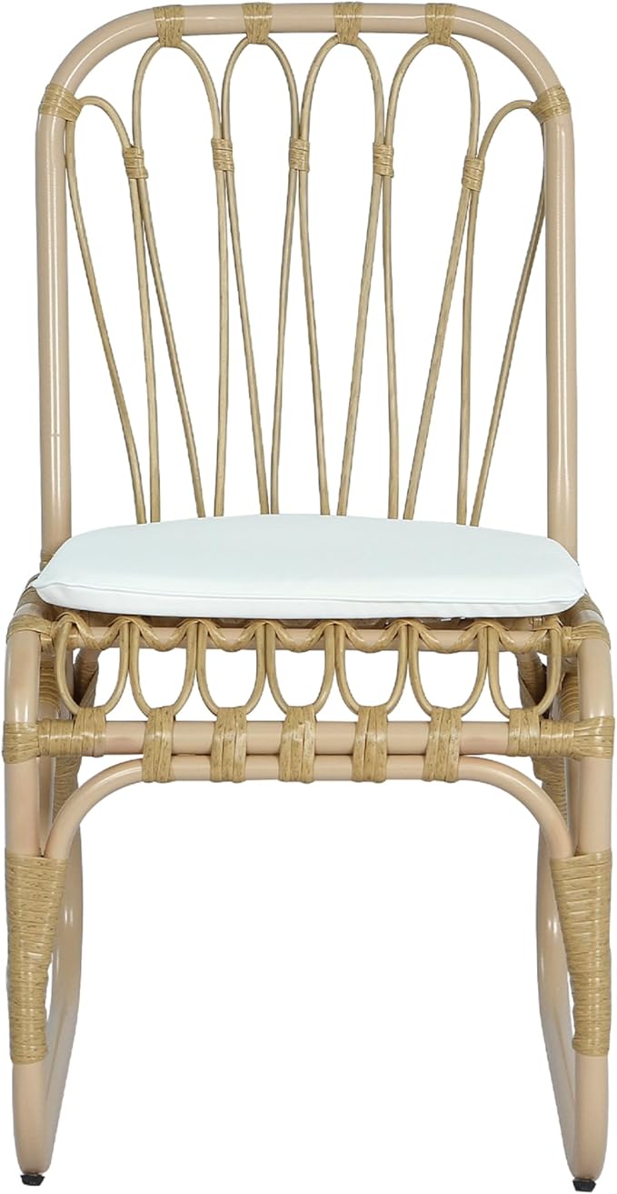 Christopher Knight Home Set of 2 Busby Patio PE Wicker Dining Chairs, Outdoor Woven Rattan Accent Chair with Iron Frame+Cushion, Fully Assembled Lounge Chair Outdoor for Garden/Balcony, Natural