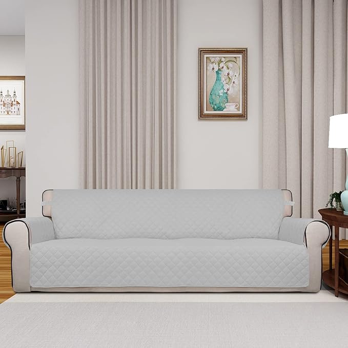 PureFit Reversible Quilted Couch Covers for Dogs Sofa Cover 4 Seater 88" | Light Gray/Ivory, Water Resistant Couch Protector, Washable Pet Couch Cover with Non Slip and Elastic Straps For Kids