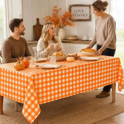 3Pcs Orange Gingham Tablecloths, Fall Checkered Table Covers 54x108 In | Orange and White Checkered Tablecloths Disposable Waterproof for Fall Picnic Halloween Barbecue Birthday Outdoor Party