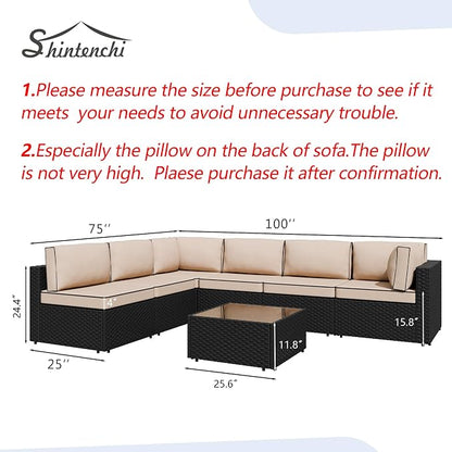 7 Piece Outdoor Patio Furniture Set,Black PE Rattan Wicker Sectional Sofa, All Weather Conversation Set with Washable Cushions & Glass Coffee Table for Backyard Poolside Garden Porch,Khaki