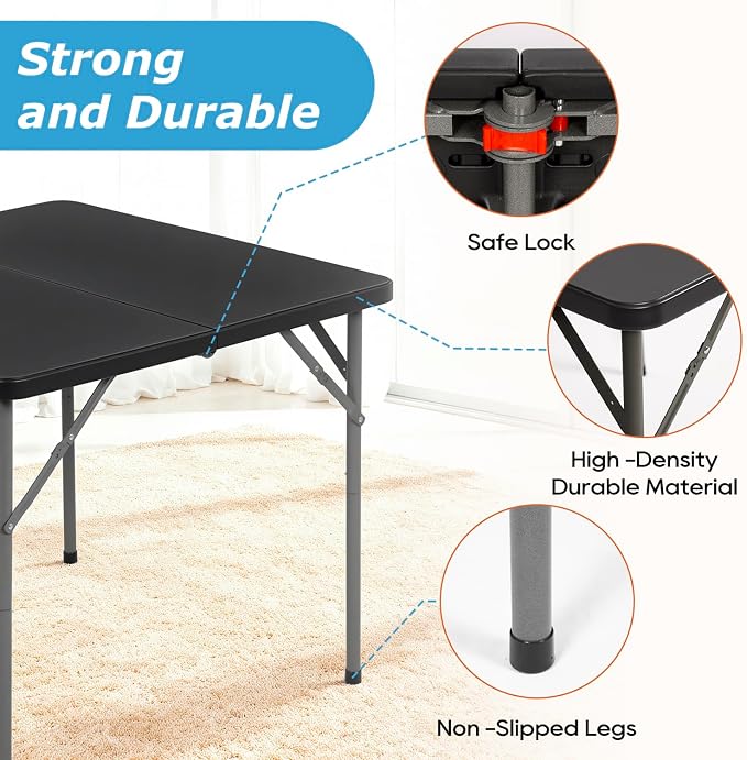 PayLessHere 34" Square Plastic Folding Card Table, Portable Outdoor Dining Table with Collapsible Legs and Carrying Handle,Plastic Tables for Camping,Picnic, Office, Party, Black