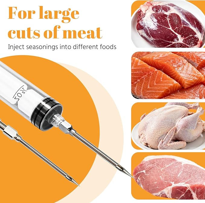 Pop Up Timer (6 pcs) & Meat Injector Syringe (2-OZ) Plastic Turkey Injector with 2 Marinade Needles for Injecting Marinade into Turkey, Meat, Brisket