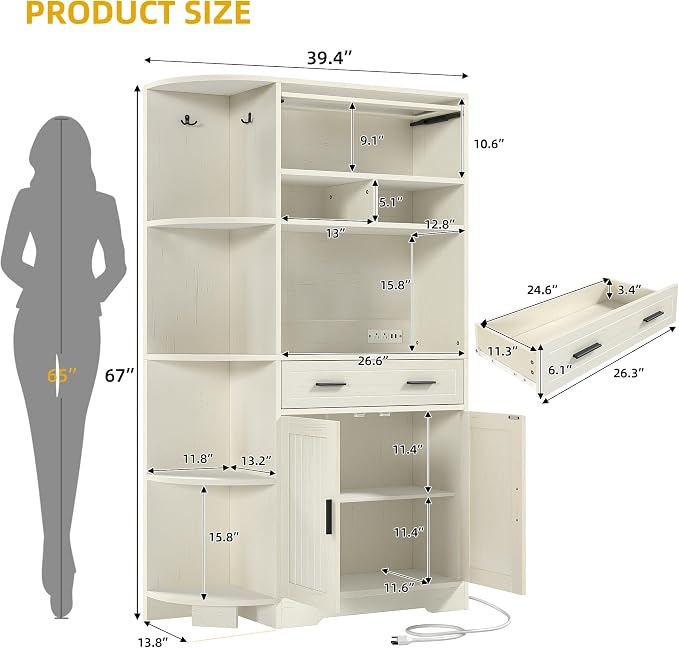 DWVO 67" Farmhouse Baker Rack with Power Outlets & Microwave Stand, White | Buffet Sideboard Cupboard Hutch with Drawer for Kitchen, Living Room, and Dining Room