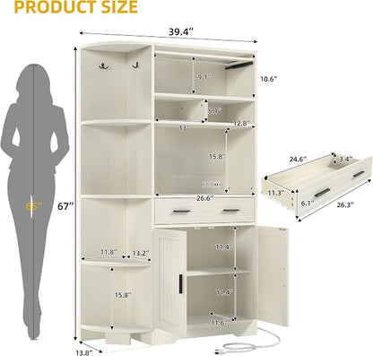 DWVO 67" Farmhouse Baker Rack with Power Outlets & Microwave Stand, White | Buffet Sideboard Cupboard Hutch with Drawer for Kitchen, Living Room, and Dining Room