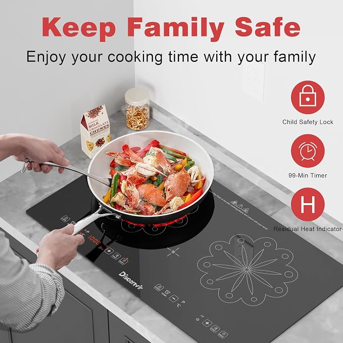 2 Burner Electric Cooktop 24 Inch 110V Plug in | Countertop and Built-in Two Burner Electric Stove Portable, Child Lock, Timer, Suitable for Rv, Dorm, Apt., 120V