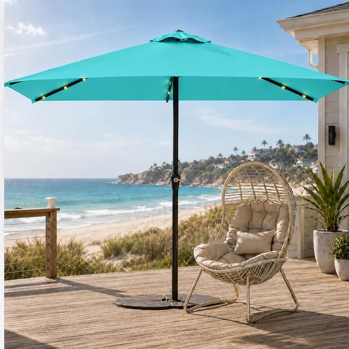 6.5 x 10ft Rectangular Patio Umbrella with Solar Lights, 16 LED Lighted Market Umbrella with Push-Button Tilt and Crank, 6 Sturdy Iron Ribs for Garden, Deck, Pool, Aqua Blue