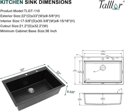 33 Inch Granite Composite Kitchen Sink - Matte Black Drop In Granite Kitchen Sink, Workstation Classic Quartz Top Mount Single Bowl Sinks Basin for Modern Kitchen, 33"x22" #TLGT-107
