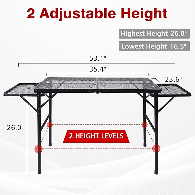 JOUYEK Folding Grill Table,3x2 FT Portable Camping Table with 2 Wing Panels | Height Adjustable Metal Tables with Mesh Desktop and Mesh Bag, Outdoor Furniture for Camping, Picnic, Beach and BBQ, Black