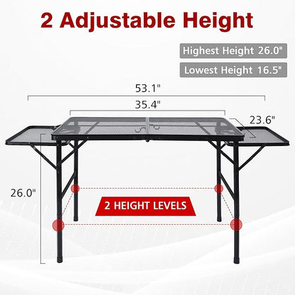 JOUYEK Folding Grill Table,3x2 FT Portable Camping Table with 2 Wing Panels | Height Adjustable Metal Tables with Mesh Desktop and Mesh Bag, Outdoor Furniture for Camping, Picnic, Beach and BBQ, Black