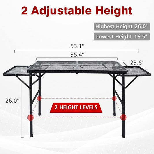 JOUYEK Folding Grill Table,3x2 FT Portable Camping Table with 2 Wing Panels | Height Adjustable Metal Tables with Mesh Desktop and Mesh Bag, Outdoor Furniture for Camping, Picnic, Beach and BBQ, Black