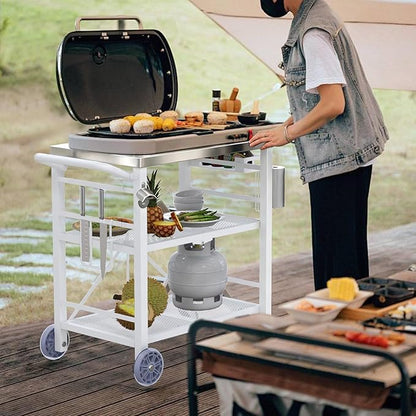 Three-Shelf Shelves Folding Grill Table with Storage Rack, Outdoor Grill Cart for Blackstone Griddle, Movable Pizza Oven Table Cart for Outside Patio, Kitchen Cooking Food Prep Table for Party