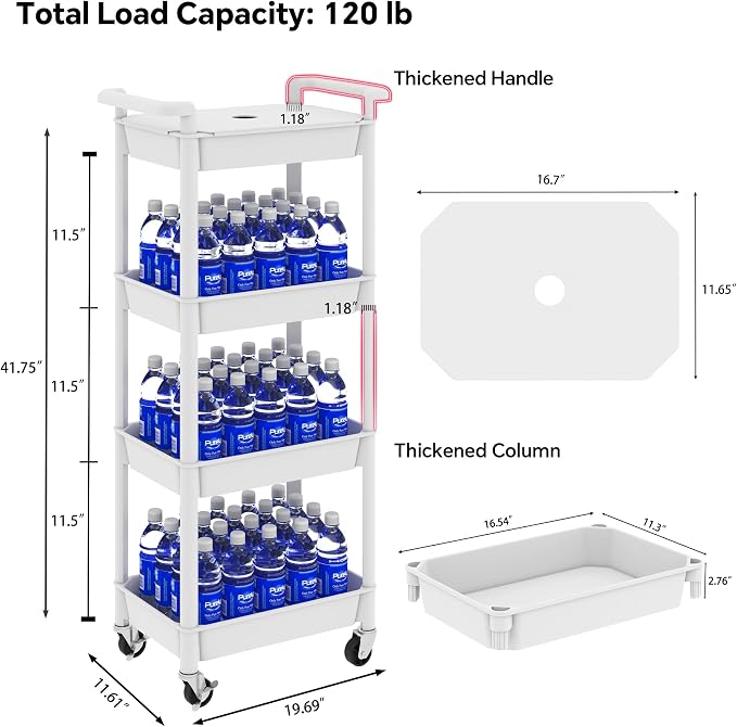 STEEHOOM 4 Tier Rolling Cart with Handle, Utility Cart with Table Top Easy Assembly Bathroom Storage Cart on Wheels for Office, Living Room, Kitchen, Craft Room, White