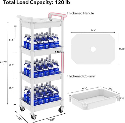 STEEHOOM 4 Tier Rolling Cart with Handle, Utility Cart with Table Top Easy Assembly Bathroom Storage Cart on Wheels for Office, Living Room, Kitchen, Craft Room, White