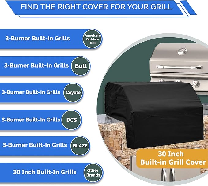 Covers & All Built-in Grill Cover for Outdoor Grill – Heavy Duty 12 oz Waterproof Built-in BBQ Grill Cover, PVC-Coated Polyester with Elastic Hem for Snug Fit (30 x 26 x 14 inches, Black)