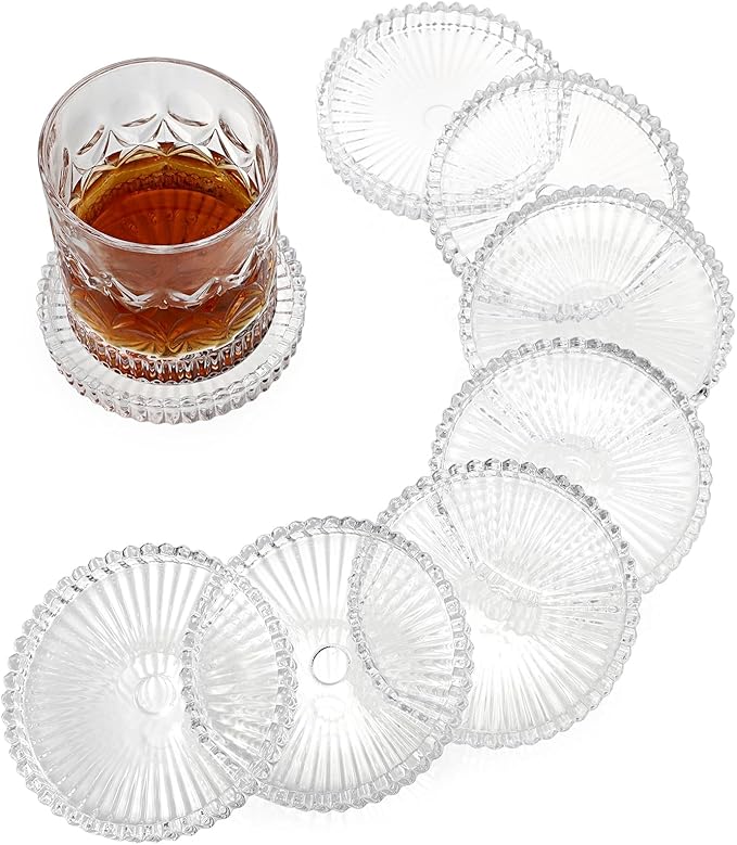 Modern Glass Coaster Set of 8 - Coffee Table Coasters, Crystal Coaster, Round Cup Mat, Coasters for Office, Kitchen, Bar, Dining Room, Living Room, Patio(Clear)