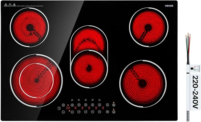 VEVOR Electric Cooktop 30inch 5 Burners Stove Top 8900W 220V No Plug, Ceramic Built-in Radiant Electric Stove, with 9 Power Levels, Timer, Child Lock, Over-Heat Guard, Touch Control