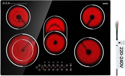 VEVOR Electric Cooktop 30inch 5 Burners Stove Top 8900W 220V No Plug, Ceramic Built-in Radiant Electric Stove, with 9 Power Levels, Timer, Child Lock, Over-Heat Guard, Touch Control