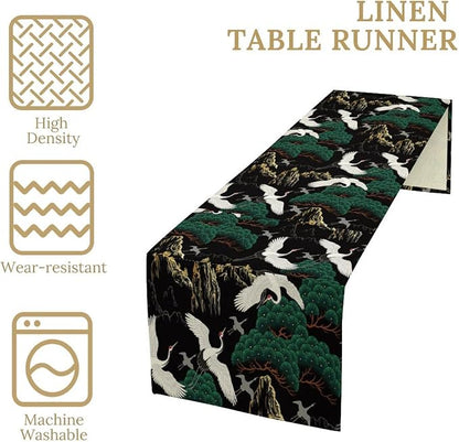 Japanese Crane Table Runner Oriental Vintage Asian Chinese Traditional Bird Trees Plant Dinner Runner for Farmhouse Kitchen Dinner Table Party Decoration 13x36in