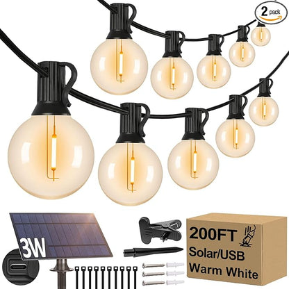 200FT（100FT*2） G40 Solar String Lights, Globe Outdoor String Lights with 72 E12 Waterproof LED Bulbs, 2700K Shatterproof Patio Lights, Solar Powered Hanging Lights