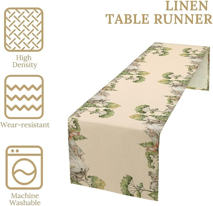 Winter Forest Reindeer Pine Tree Table Runner, Christmas Elk Watercolor Sparrow Home Kitchen Dining Table Decoration for Home Party Decor 13x60 Inch