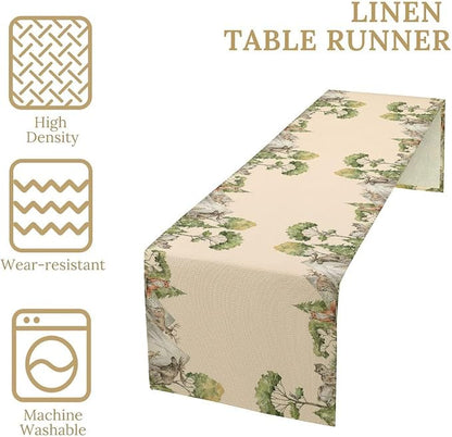 Winter Forest Reindeer Pine Tree Table Runner, Christmas Elk Watercolor Sparrow Home Kitchen Dining Table Decoration for Home Party Decor 13x60 Inch