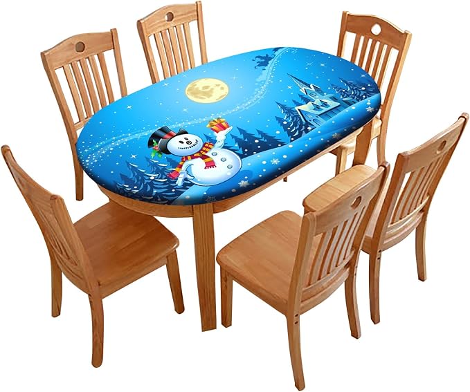 Christmas Oval Fitted Tablecltohs, Snowman with The Gift on Blue Background Elastic Edged Table Cover, Fits to 60" x 84" Tables, Wrinkle Resistant Table Cloth for Indoor Banquet and Outdoor Patio Use