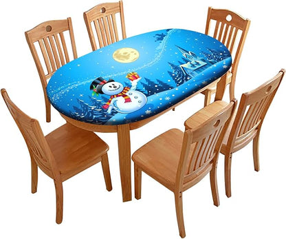 Christmas Oval Fitted Tablecltohs, Snowman with The Gift on Blue Background Elastic Edged Table Cover, Fits to 60" x 84" Tables, Wrinkle Resistant Table Cloth for Indoor Banquet and Outdoor Patio Use