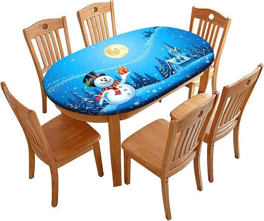 Christmas Oval Fitted Tablecltohs, Snowman with The Gift on Blue Background Elastic Edged Table Cover, Fits to 52" x 70" Tables, Wrinkle Resistant Table Cloth for Indoor Banquet and Outdoor Patio Use