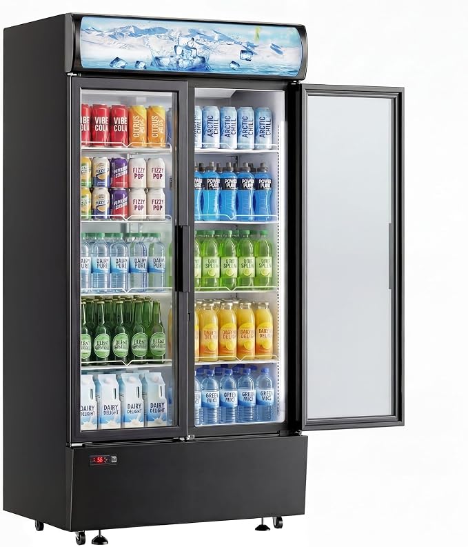 25 Cu.Ft Commercial Beverage Refrigerator, Double Glass Door | LED Lightbox, 8 Adjustable Shelves, 32-50°F Digital Control, R290 Air Cooling, ETL Certified, Commercial Use