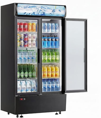 25 Cu.Ft Commercial Beverage Refrigerator, Double Glass Door | LED Lightbox, 8 Adjustable Shelves, 32-50°F Digital Control, R290 Air Cooling, ETL Certified, Commercial Use